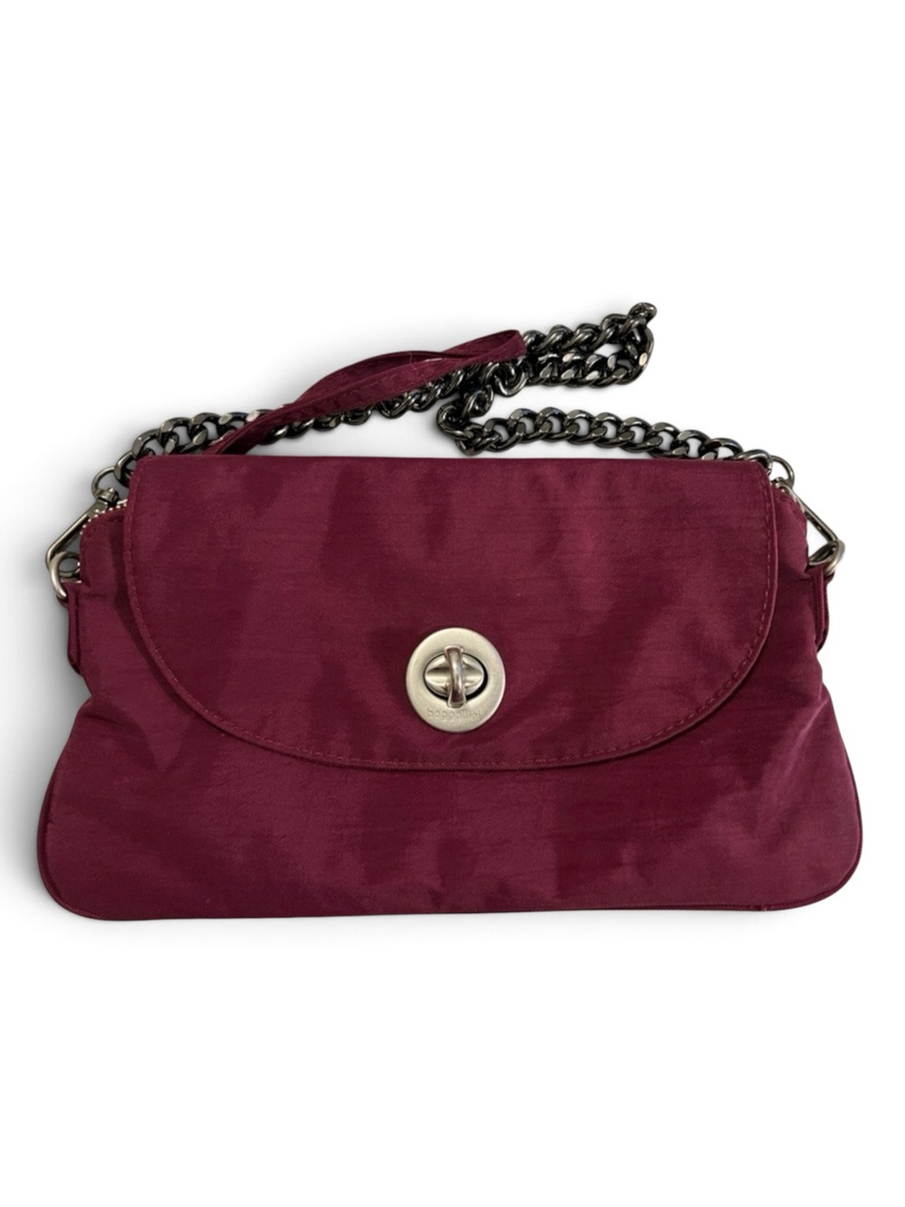 Baggallini Burgundy Plum Nylon Wristlet Clutch Bag Gunmetal Chain Shoulder